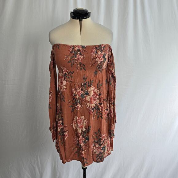 Billabong Night Fox Off Shoulder Dress L Rust Floral Long Sleeves - Picture 15 of 15